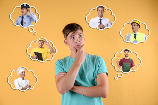 Teenage boy thinking about career options on pale orange background. Thought bubbles with people of different occupations around him. Choice of profession