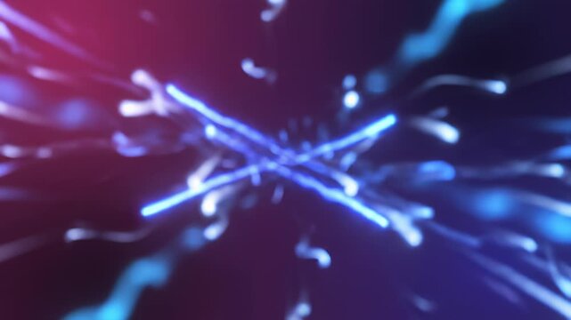 Blue lights radiating against a black backdrop, featuring a small white dot and transitioning to a kaleidoscope of colors with swirling blue and red hues, perfectly capturing the modern concept.