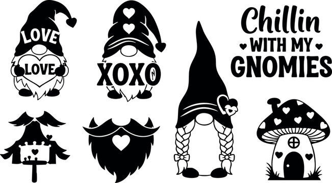 Cute black and white gnome silhouettes with love hearts and chillin with my gnomies text vector illustration