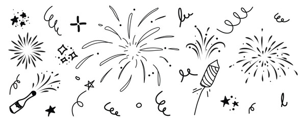 Fireworks Outline Drawing, Celebration Burst Sketch, Festive Firework Doodles 