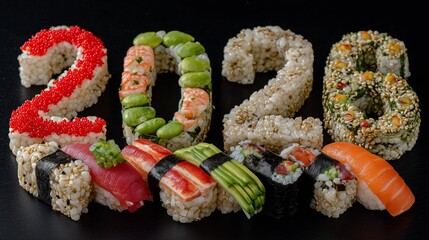 Sushi artistry creates the numbers 2026 in colorful rice and fresh ingredients representing a creative celebration of the new year
