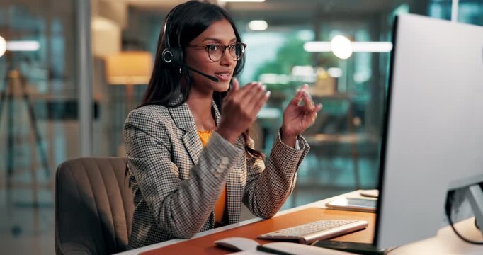 Woman, headset and telemarketing with computer, online and communication for sales, offer and office. Call center, talking and Indian person with tech for lead generation, services and consultation