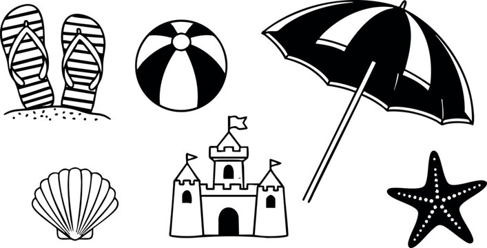 Summer beach items vector illustration with umbrella sand castle starfish shell and flip flops vector