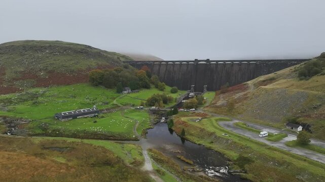 Autumn over Craig Goch Dam from a drone, Elan Valley Reservoirs, Elan Valley, Rhayader, Powys, Wales