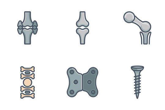 Orthopedic implant icons, spinal fusion plates, pedicle screws, joint replacement components, hip stem, knee prosthesis parts, hardware vector