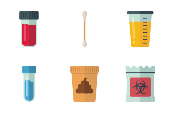 Clinical specimen collection icons set, blood vial, cotton swab, sample cup, biohazard bag, urine container, medical vector