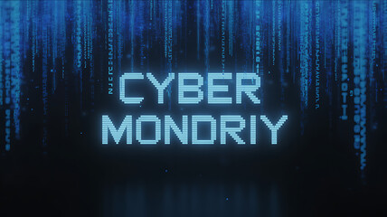 Cyber mondriy text with falling binary code creates a digital and futuristic aesthetic, evoking themes of technology, coding, and the digital world