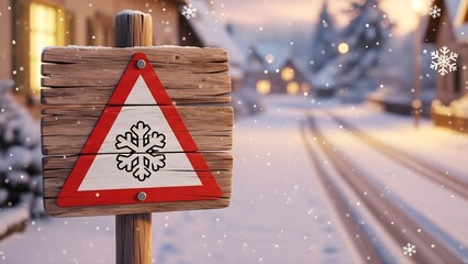 Wooden Road Sign with Snowflake Symbol on Snowy Village Street