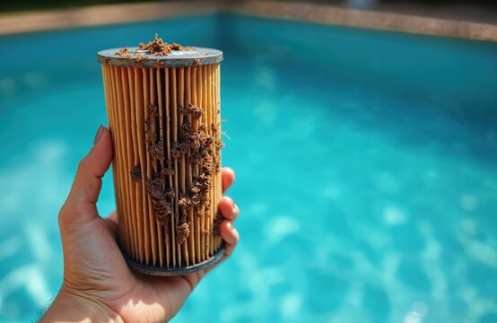 Person holds dirty pool filter cartridge. Brown dirt clogs used filter against clear blue water. Highlights critical importance of swimming pool maintenance, water hygiene. Time to change old filter