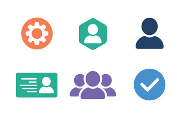 Profile management icon kit, settings gear, shielded avatar, verified check badge, team group, identification cards vector