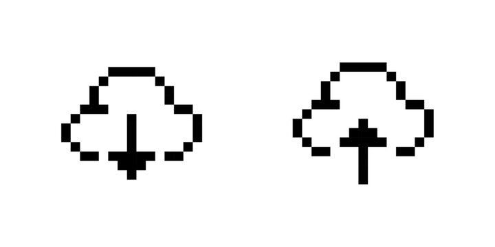 Pixel cloud upload and download icons, simple download and upload symbols, pixel art, vector illustrator.