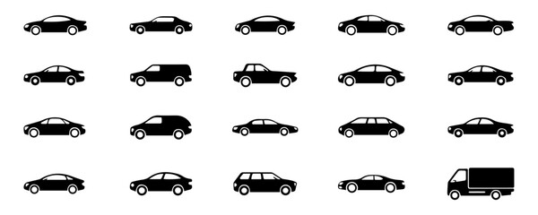 Car Silhouette Icon Set: Black Vector Graphics of Sedans, SUVs, Coupes, and Hatchbacks for Automotive, Map, and Transport Design