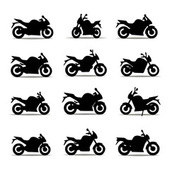 Sport Motorcycle Icons Set: Black Silhouette Vectors of Road Bikes for Racing, Adventure, Motorbike Apps, and Automotive Graphics