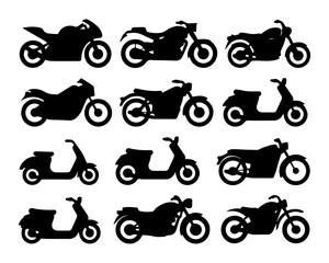 Motorbike & Scooter Silhouette Icon Collection: Black Vector Graphics of Various Motorcycle Types for Apps, Web, and Design