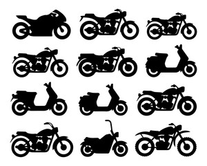 Motorcycle Silhouettes Pack: Black Vector Icons of Sport Bikes, Cruisers, Scooters, and Dirt Bikes for Motorbike Enthusiasts & Apps