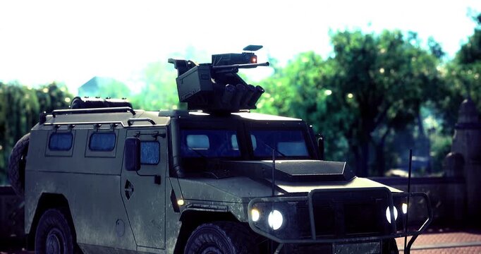 A formidable military vehicle with an advanced turret is positioned in an urban setting, showcasing its robust design and surveillance capabilities.