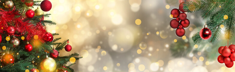 Merry Christmas and Happy Holidays. Greeting card design with festive ornaments, fir tree branches...