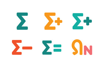 Modern math notation icons, sigma operations set, plus minus equals, omega with letter N, classroom poster vector