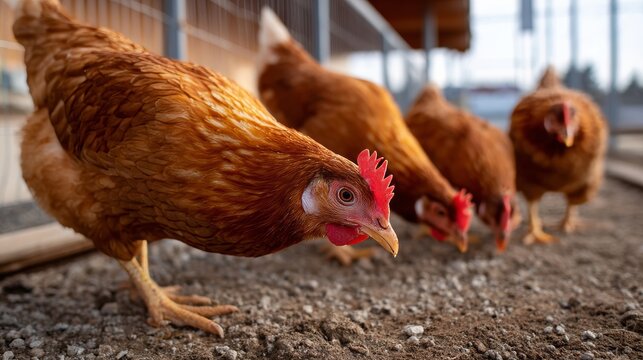 Brown hens pecking at food on ground in coop