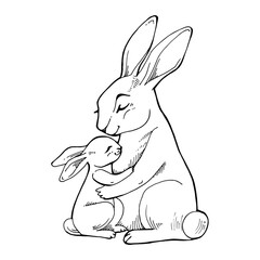 Cute hand-drawn mother bunny with baby bunny coloring page. Tender family moment perfect for children s books, nursery decor, printable sheets, educational materials and DIY projects.