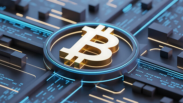 Golden bitcoin symbol on a modern circuit board, representing the digital currency and blockchain technology, with glowing blue lines and futuristic design