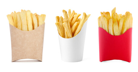 Tasty French fries in paper takeout containers isolated on white, set