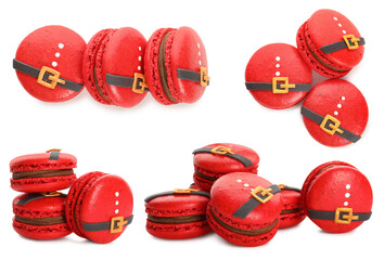 Christmas cookies. Festive Santa macarons isolated on white, set