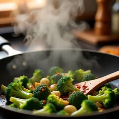 AI Generated Stir-Fried Broccoli with Garlic in Hot Pan