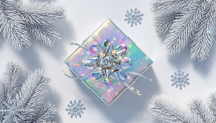 Sparkling iridescent gift box with silver bow and delicate snowflakes nestled amongst frosted branches, perfect for winter holiday celebrations and promotions