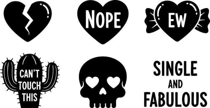Broken heart nope ew candy cactus skull single and fabulous black vector illustration