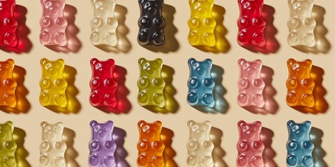 colorful jelly sweets in a shape of a bear are displayed in a pattern.