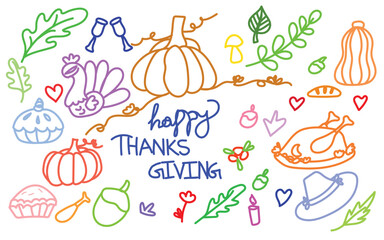 Colorful thanksgiving doodles with pumpkins turkey and leaves on a white background