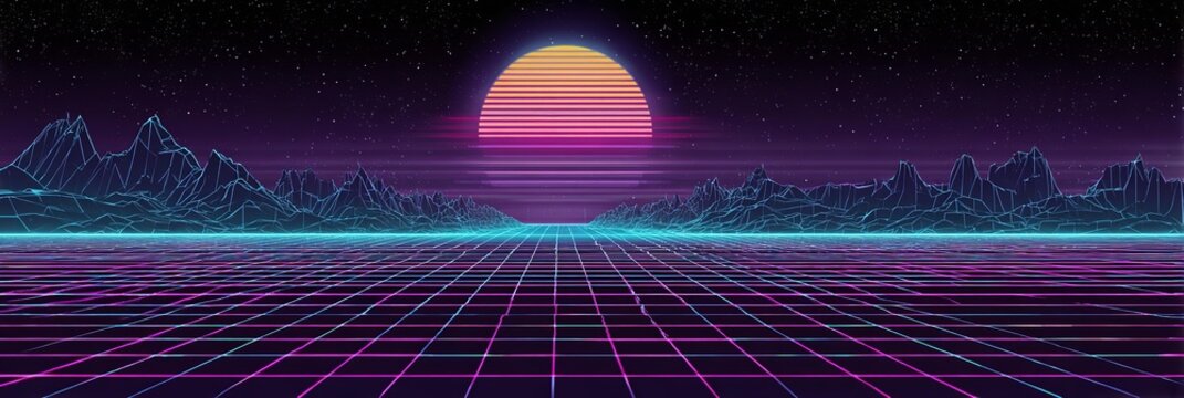 A neon sky with a large orange sun in the middle - Powered by Adobe