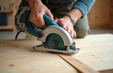 Craftsman cuts plywood with circular saw in workshop. Man handles electric instrument, make furniture indoors. Woodworker uses tool for home repair, renovation. Hobbyist sawing wood plank. Workman