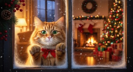 Cat with red bow looking through window at Christmas tree and fireplace — ideal for cozy home, hygge and holiday content.