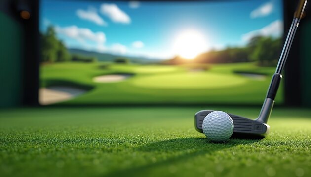 Golf club and ball on artificial grass by large screen showing course. Virtual golf simulator offers realistic play indoors, year round training and fun.