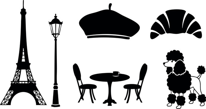 Eiffel Tower Paris street lamp beret croissant cafe table chairs poodle dog silhouette vector illustration