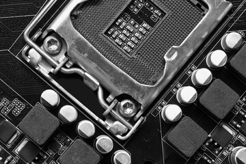 Blank CPU socket on mainboard background.