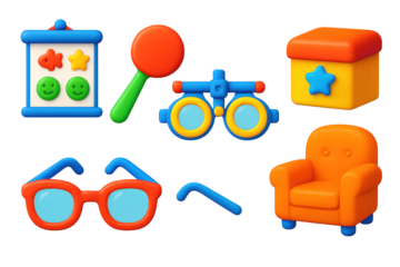 Pediatric Optometry Icons. 3D icon set of pediatric optometry items: cartoon chart, colored occluder, adjustable glasses, toy