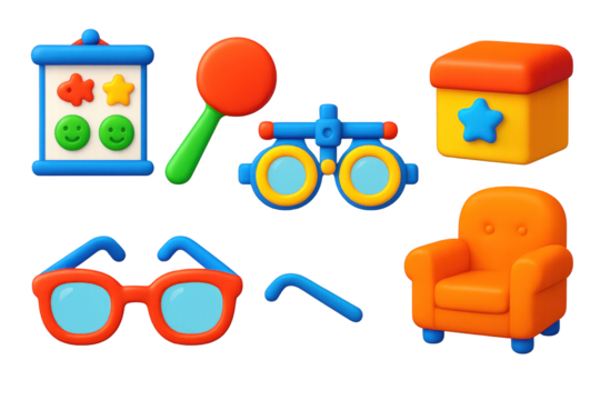 Pediatric Optometry Icons. 3D icon set of pediatric optometry items: cartoon chart, colored occluder, adjustable glasses, toy