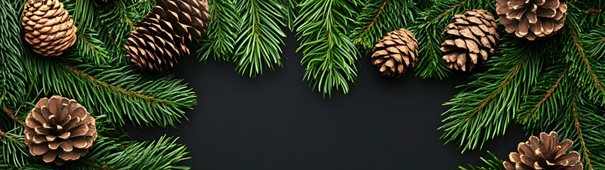Obraz premium Fir and spruce branches and cones green needle abstract background Christmas texture. Copyspace.