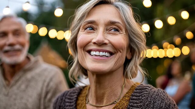 Joyful elderly couple enjoying outdoor evening celebration with string lights