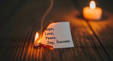 Conceptual image of a note with positive affirmations like hope, love, and joy burning in a flame, symbolizing letting go or a ritual