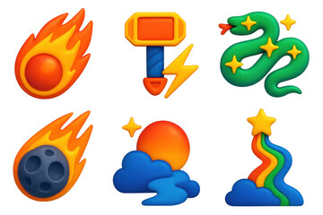 Ancient Sky Icons. 3D icon set of ancient sky myths: fiery comet, thunder god symbol, serpent in stars, falling sky stone,