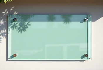 Blank glassy outdoor signboard mockup on textured wall | Empty light green corporate signage template with foliage shadow overlay | Modern architectural glass plaque mounted with steel standoffs | Pro