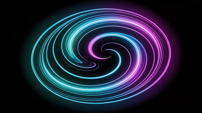 Vibrant spiral of light, a mesmerizing dance of neon hues, swirling and twirling in a captivating display of energy and motion against a dark backdrop