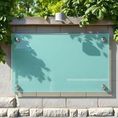 Blank glass signage mockup on outdoor stone wall for branding display | Modern turquoise acrylic signboard template with plant shadows | Empty corporate office building exterior nameplate placeholder