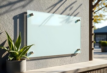 Blank outdoor glass sign mockup template on textured white wall | Frosted light blue corporate nameplate display with chrome fittings | Modern empty rectangular transparent signboard for branding pres