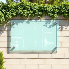 Outdoor glass signage mockup on brick wall with vines | Blank rectangular frosted glass nameplate for company logo presentation | Modern corporate exterior sign template with chrome standoffs.