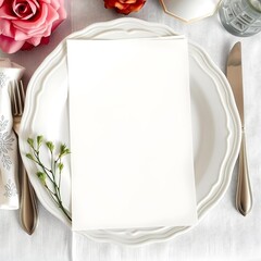 Elegant blank wedding menu card mockup on vintage plate | Luxury table setting mockup for menu, invitation, or greeting card design | Overhead view of formal dinner place setting with pink rose and co